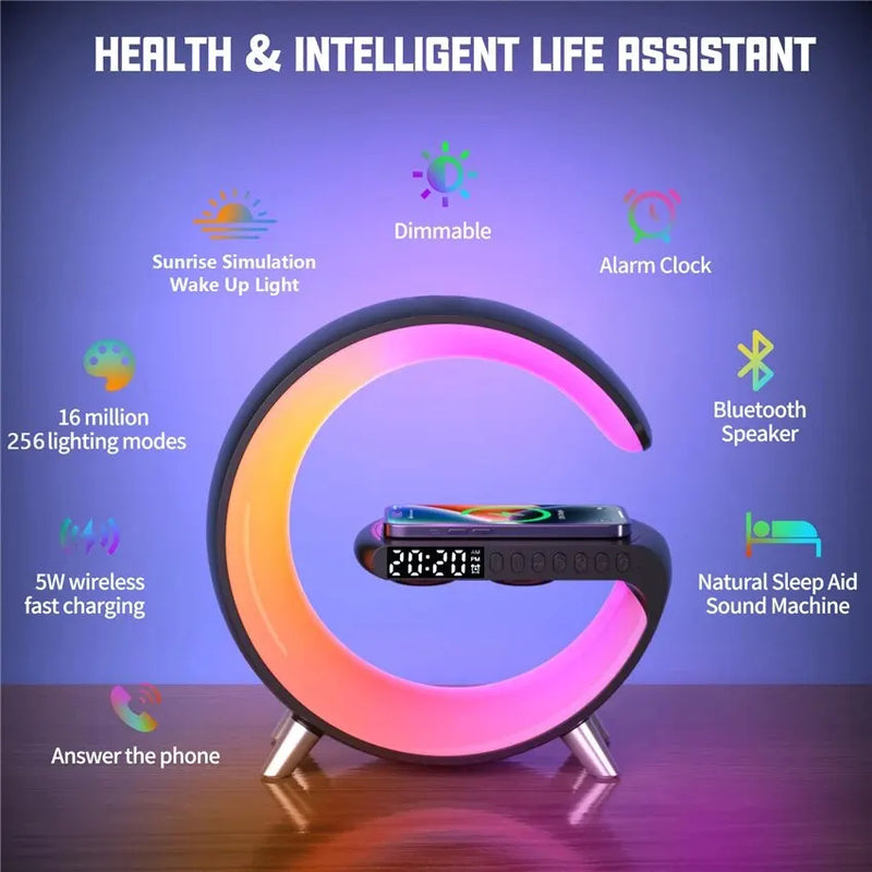 Wireless Charger Stand Alarm Clock Bluetooth Speaker LED Lamp RGB Night Light Fast Charging Station for iPhone Samsung Xiaomi